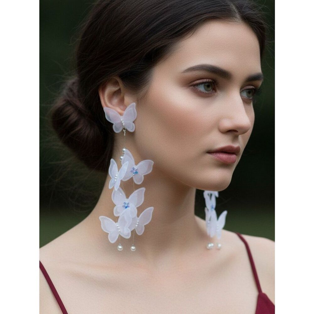 White Lace Butterfly Pearls Tassel Earrings NWT